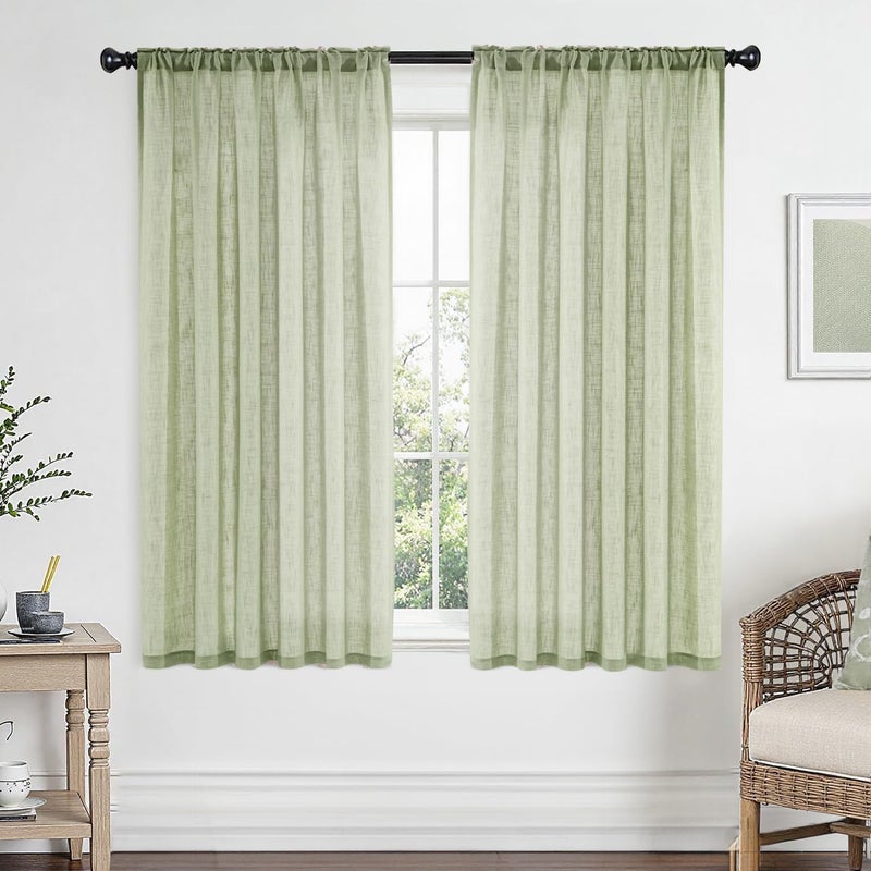 MIULEE Sage Green Linen Curtains 63 Inch Length 2 Panels Set for Living Room Bedroom Semi Sheer Light Filtering Farmhouse Rod Pocket Short Soft Thick Linen Textured Window Drapes W42XL63 - Image 1